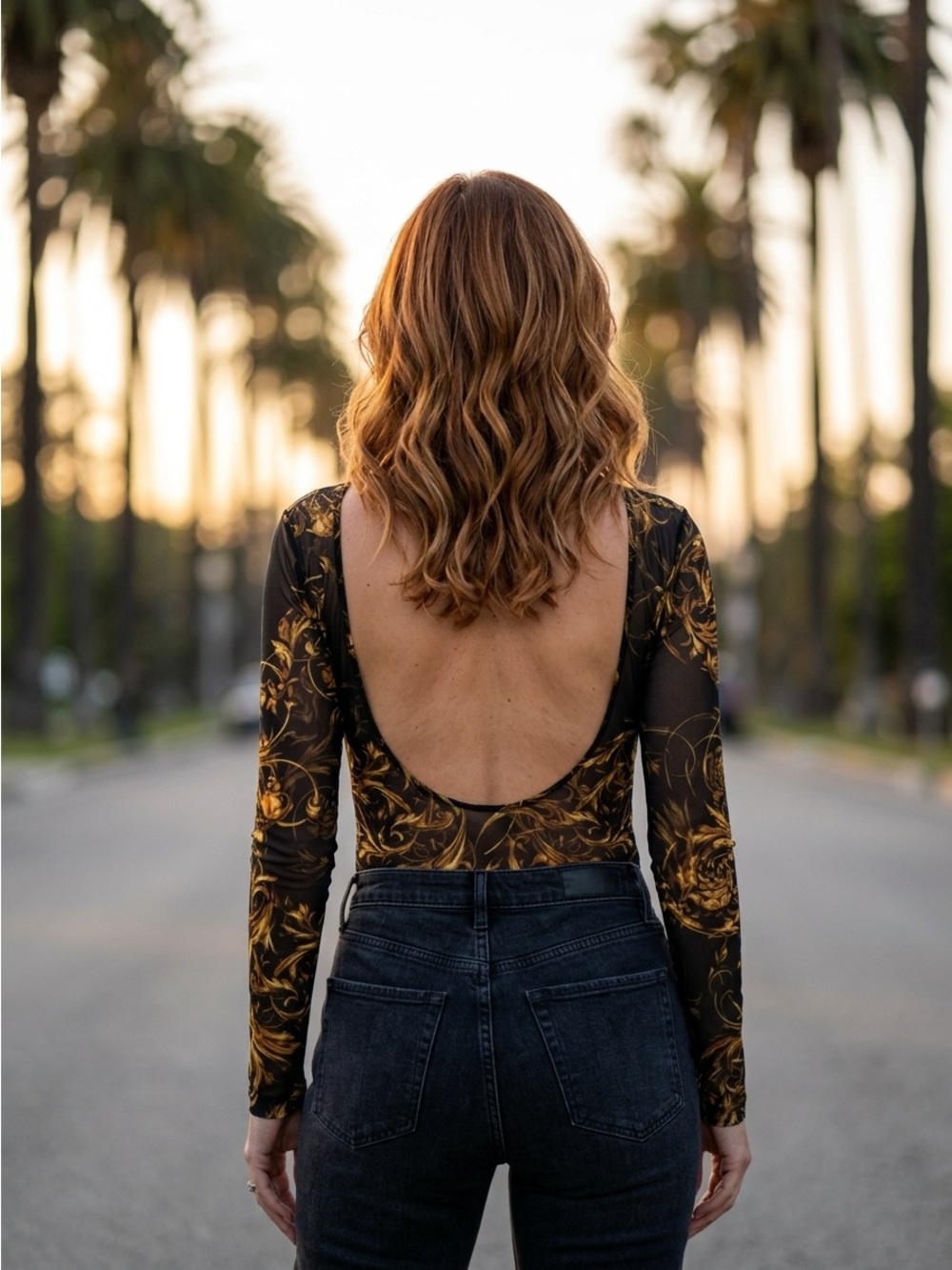 Versace Black Sheer Long-Sleeve Baroque Print Bodysuit with Gold Accents - Picture 2 of 7